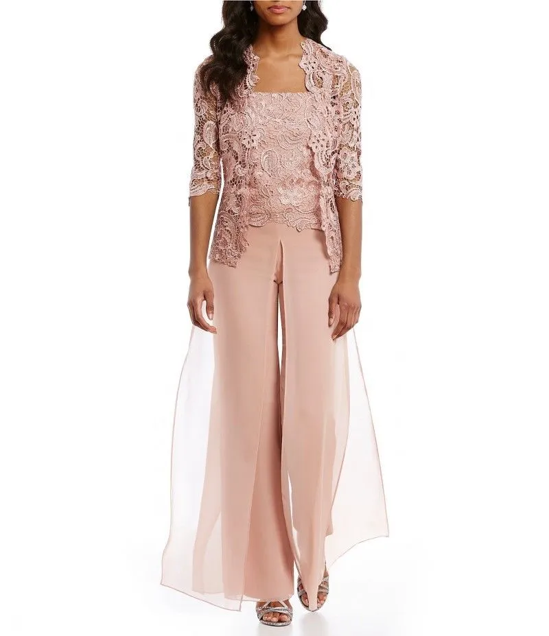 Дешевая розовая мама невесты костюмов для брюк с курткой шифоновый кружево -пляжный свадьба Гость Матери Матери Грамовая платья Формальное наряд одежда W1167831