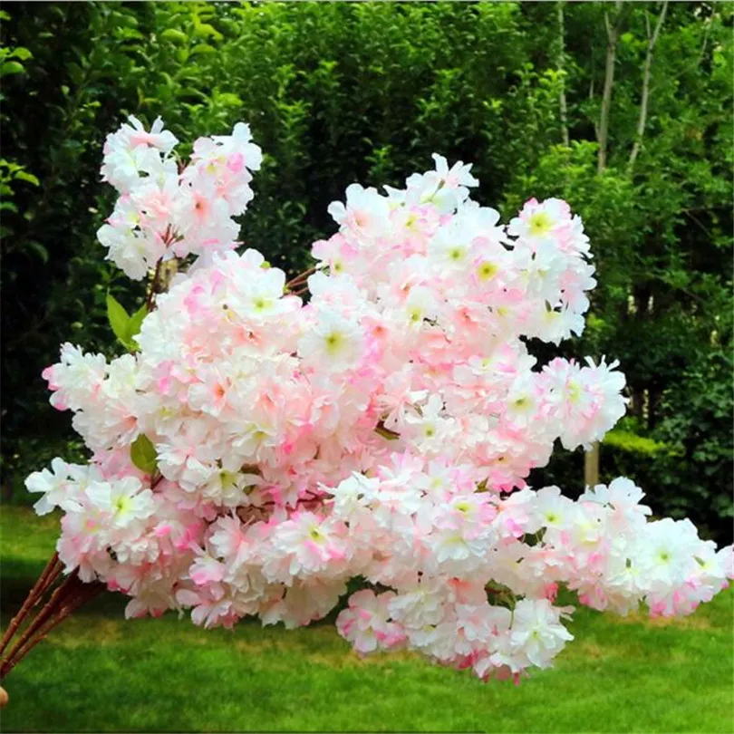 Fake Cherry Flower Branch Flower Begonia Sakura Tree Stem with Green Leaf 108cm for Artificial Decorative Flowers