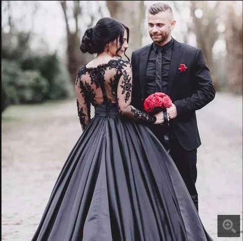 Gotiska svarta färgglada bröllopsklänningar med färg långärmad illusion bodice kort tåg icke vita brudklänningar skräddarsydda