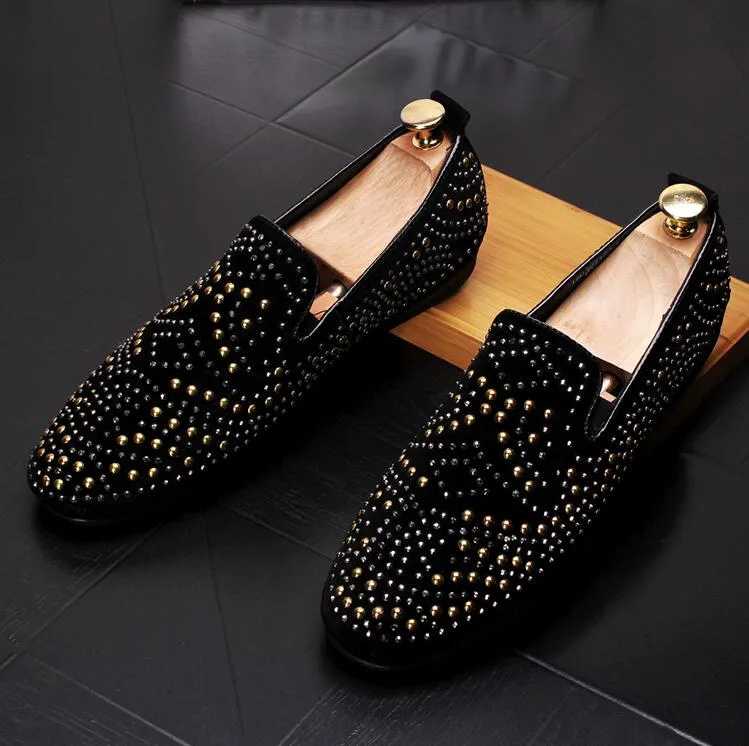 New Style Men loafers Silver Black Diamond Rhinestones Spiked Loafers fashion Rivets shoes Wedding Party Shoes G118