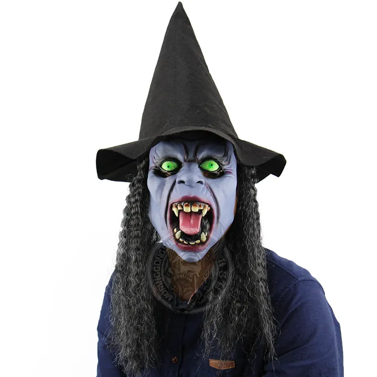 Masque En Latex Sorcière Halloween - Effrayant, Vert, Cheveux Argentés - Pour Adultes, Fête, Cosplay