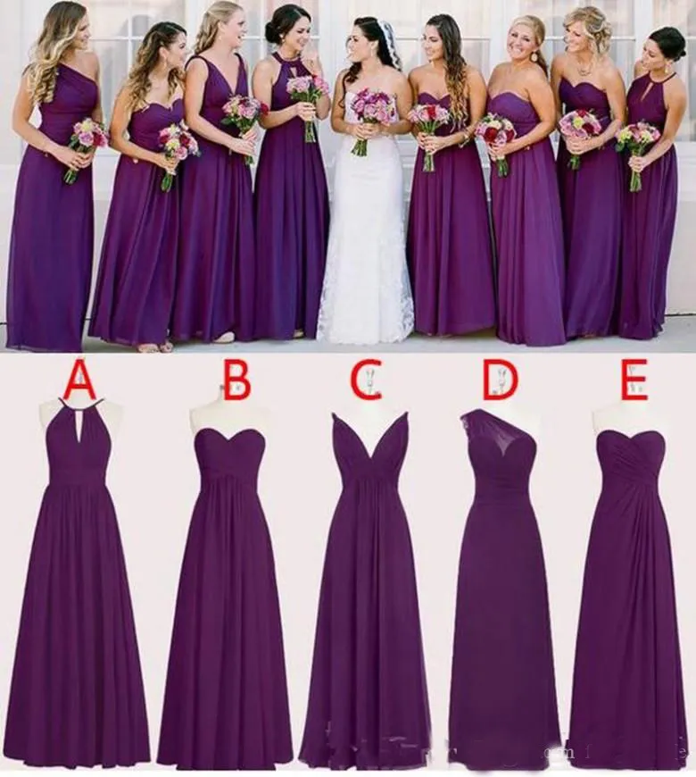Szyfonowe fioletowe suknie dla druhen piętro długość linia długie suknie ślubne dla druhen wykonane na zamówienie suknie Maid of Honor bez rękawów