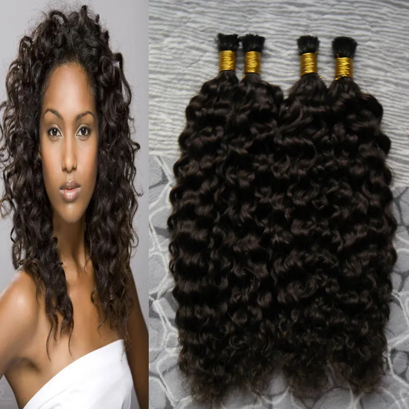 Nieprzetworzone Brazylijskie Kinky Curly Virgin Hair I Wskazówka Włosy Przedłużenie 200g / Nici Prebonded Human Hair Extensions # 2 Dickest Brown