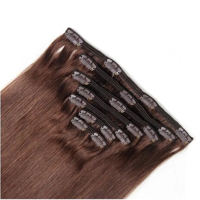 10inch-24inch Machine Made Straight Clips In Brazilian Human Hair Extensions Clip In Extensions 100 Gram #4 Dark Brown