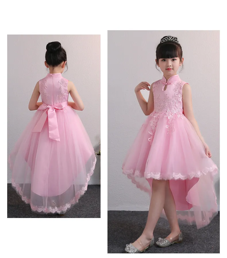 Robe de bal rose robes de filles de fleur pour le mariage enfants anniversaire princesse dentelle appliqué Tutu jupes Vintage enfant première communion Dr278G