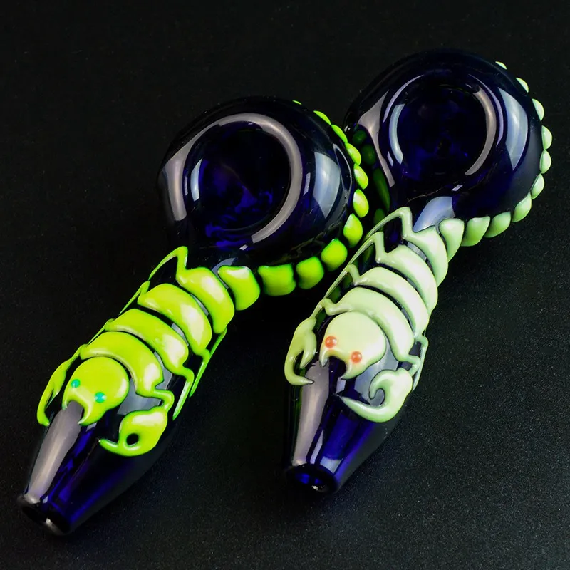 Wholesale Scorpion Spoon Pipe Glow In The Dark Heady Glass Smoking Pipes Oil Burner Hand Pipe Smoking Accessories DHL Free Shiping GID10