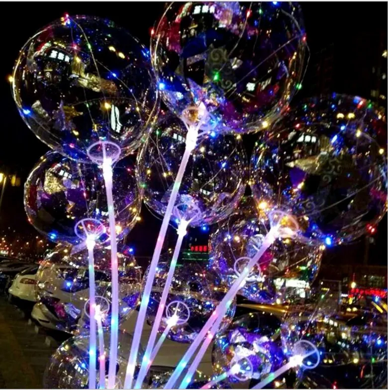 Bobo Ballong med pinne Ljus Lysande Klar Transparenta LED Ballonger Kids Toy Festival Party Tillbehör Födelsedagsfest Bröllopsdekorationer