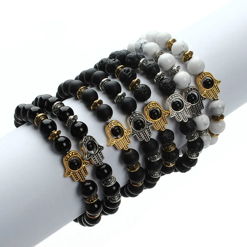 2018 Natural Stone Black Lava Beads Bracciale Uomo Color oro Hamsa Hand Charm Energy Yoga Mala Bracciali per donna F2830