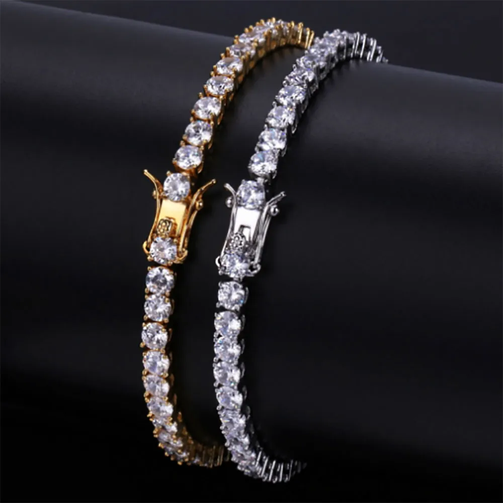 4MM 6MM Iced Out Cubic Zirconia Bling Bling 1-rads tennisarmband för män Hiphop CZ-simulerade diamanter Shine Triple Lock Spänne Armband