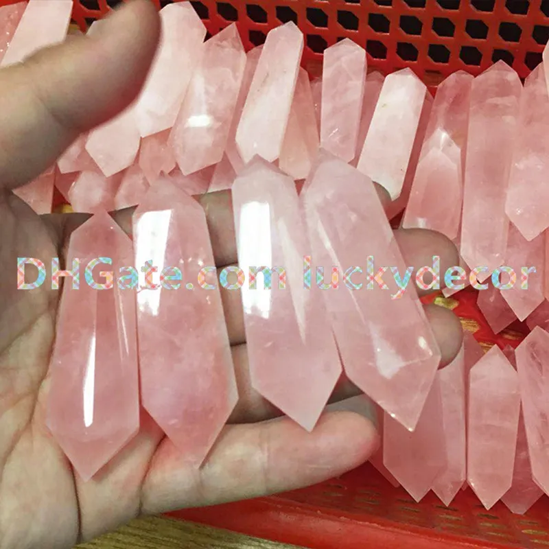 6 Facet Podwójny Zakończony Sacred Point Oryginalny Naturalny Sheer Rose Kwarc Healing Crystal Gemstone Prism Wand 60-80mm Reiki Kamienie Figurka