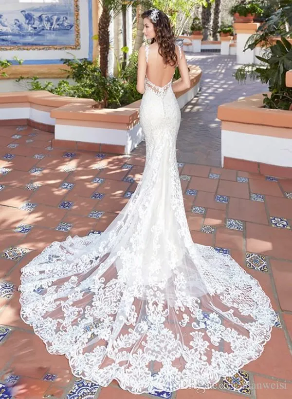 Chen strappy mermaid wedding dress - Backless, Spaghetti Neck, Full Lace Applique, Court Train - Affordable Bridal Gown Chen strappy mermaid wedding dress - Backless, Spaghetti Neck, Full Lace Applique, Court Train - Affordable Bridal Gown