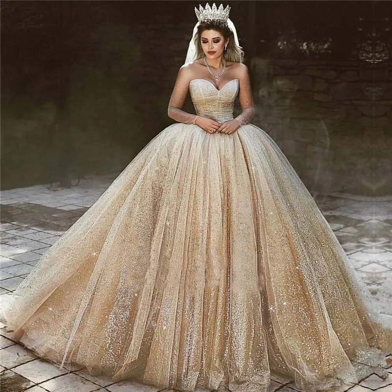 Luxury Champagne Gold Wedding Dresses 2018 Sequins Princess Ball