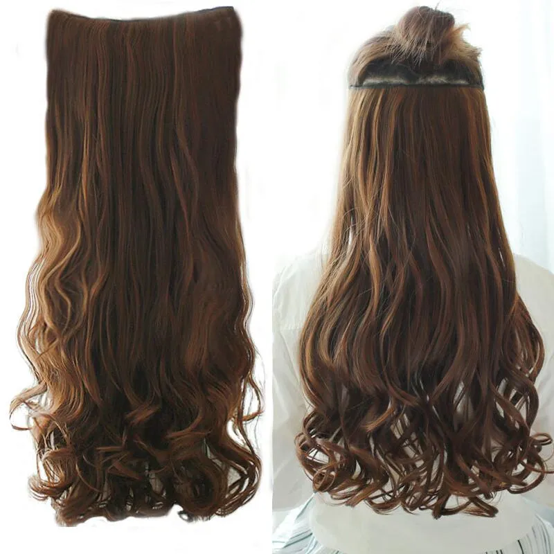 24 "pelo largo 5 Clip en el cabello postizos falsos resistentes al calor peinados ondulados largos Clip sintético en el cabello envío gratis