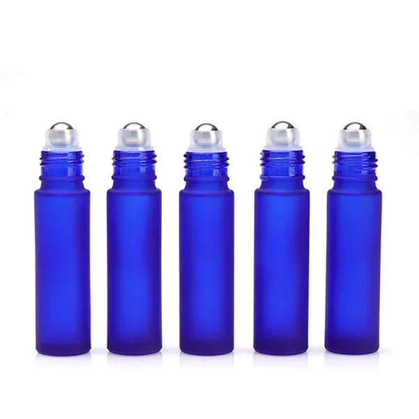 Bouteilles à roulettes d'huiles essentielles bleu cobalt en verre givré de 10ML, rechargeables, parfum, aromathérapie, bouteilles à bille avec bille roulante en acier inoxydable