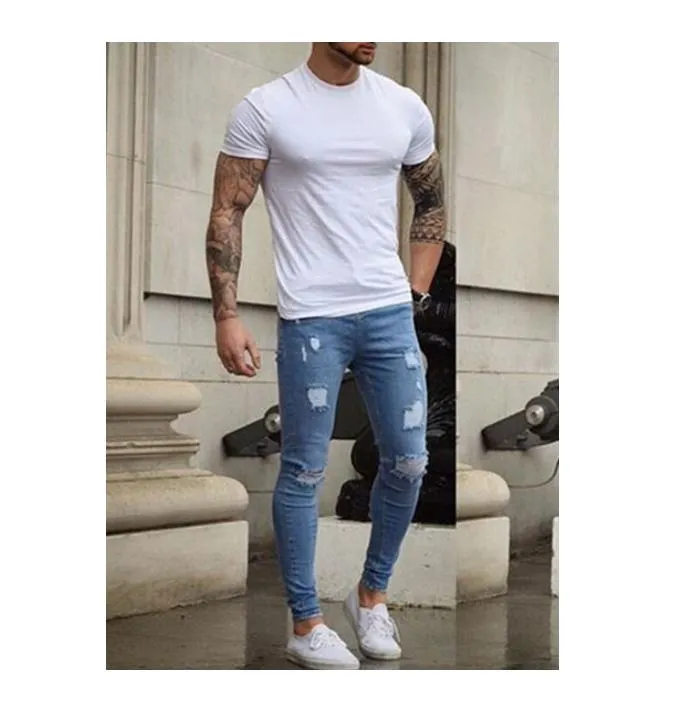 Wholesale-Men's Stretchy Ripped Skinny Biker Jeans Men Destroyed Taped Slim Fit Denim Pants Long Trousers