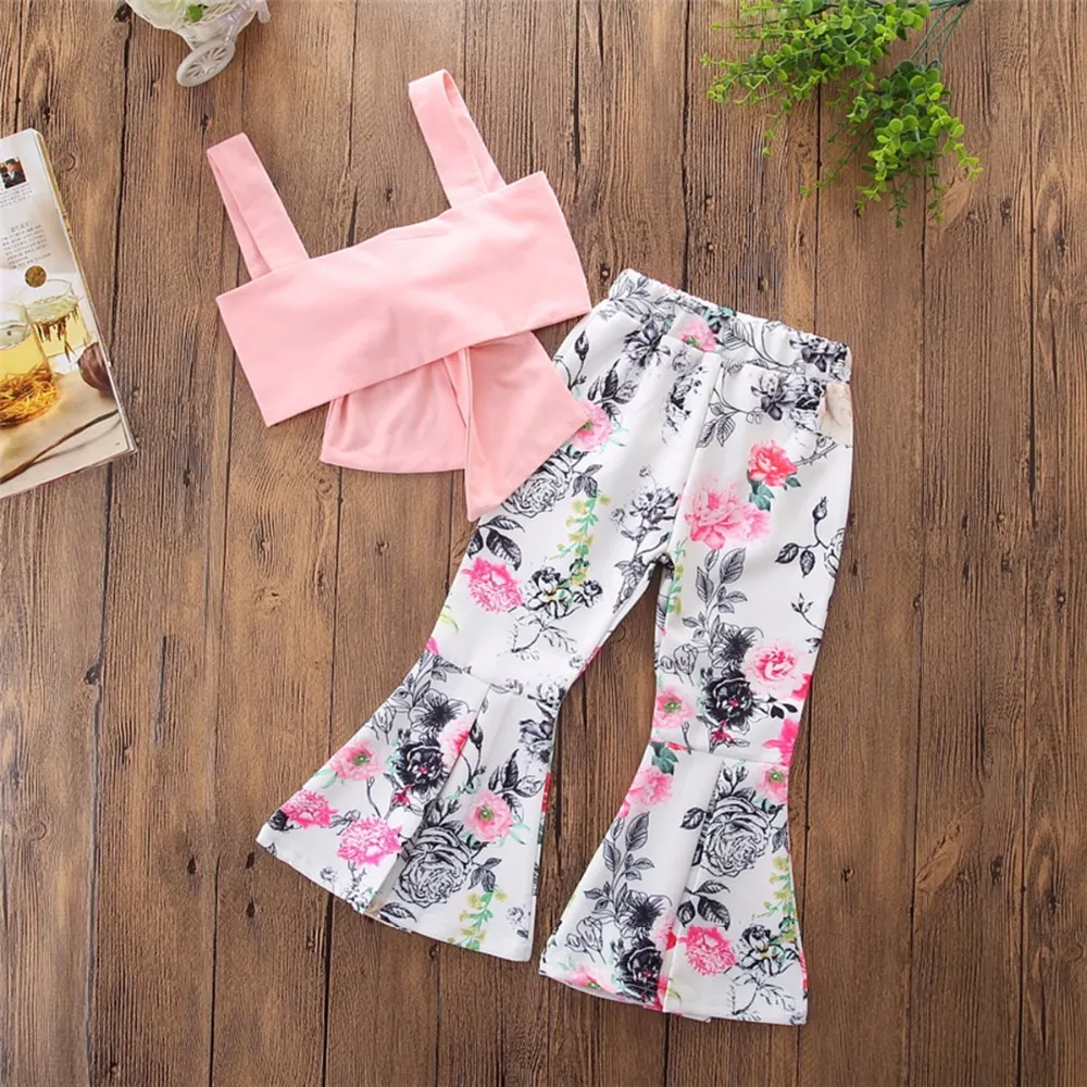 2018 Nya Babyflickor Kläder Satser Rosa Bowknut Tank Toppar Floral Flare Byxor Toddler Girls Outfits Barn Barn Boutique Kläder