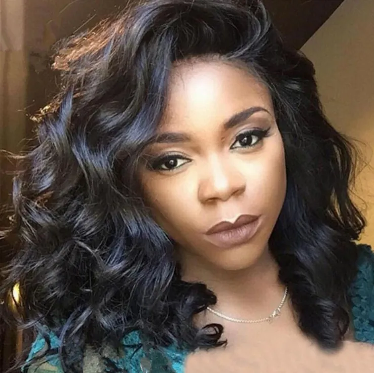 Factory direct cheap sale black natural wave heat resistant malaysian hair synthetic lace front wig short wigs for black women