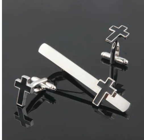 Black Cross Design Tie Clip &Cuff Links Brass Material Men's Cufflinks small gift For Father's Day Business Man