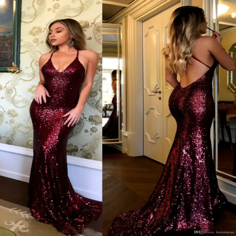 Świecący Ciemnozielone cekiny Syrenki Prom Dresses Zanurzanie Sexy Spaghetti Pasek Krzyż Niski Powrót Wieczór Długa Formalna Plus Size Sweep Pociąg