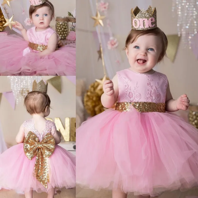 Pink Lace Ball Gown Flower Girl Dresses For Wedding Jewel Neck Toddler Pageant Gowns With Bow Tie Tulle Kids Birthday Dress