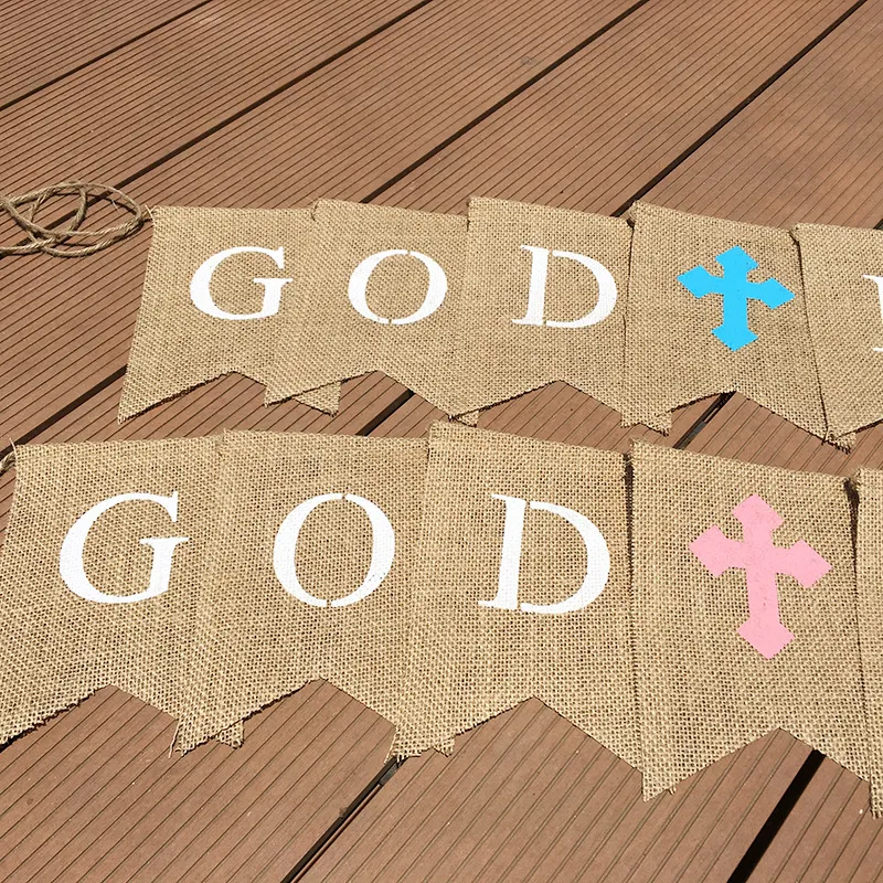 Großhandel „Gott segne Kreuz“-Banner-Girlande, Wimpelkette, gegabelt, für Jungen und Mädchen, Erstkommunion, Party, Taufe, Dekoration