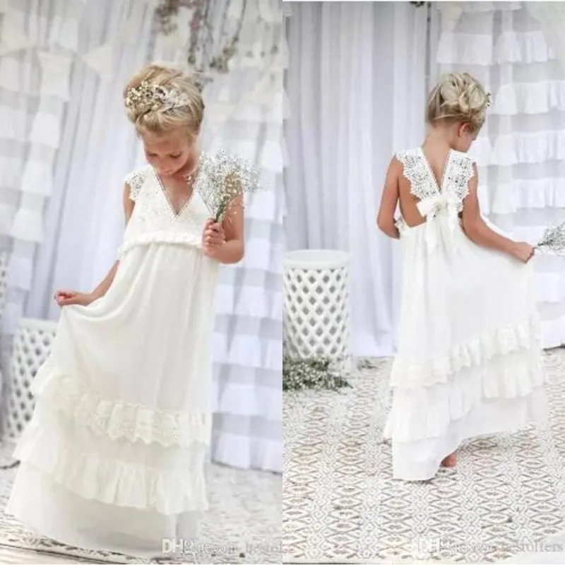 2018 Bohemian Yaz Plaj Çiçek Kız Elbise V Boyun Vintage Dantel Katlı Dantel Düğün Için Sevimli Prenses Kız Elbise Özel BA4995