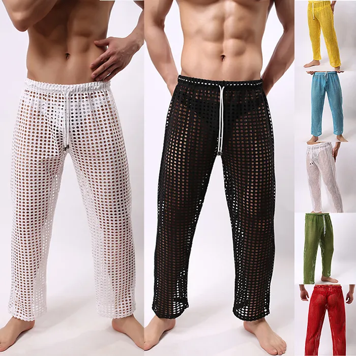 Sova bottnar Sheer Mesh Men Casual Byxor Mjuka Mäns Sova Bottoms Homewear See Through Pants Pajama Loose Lounge