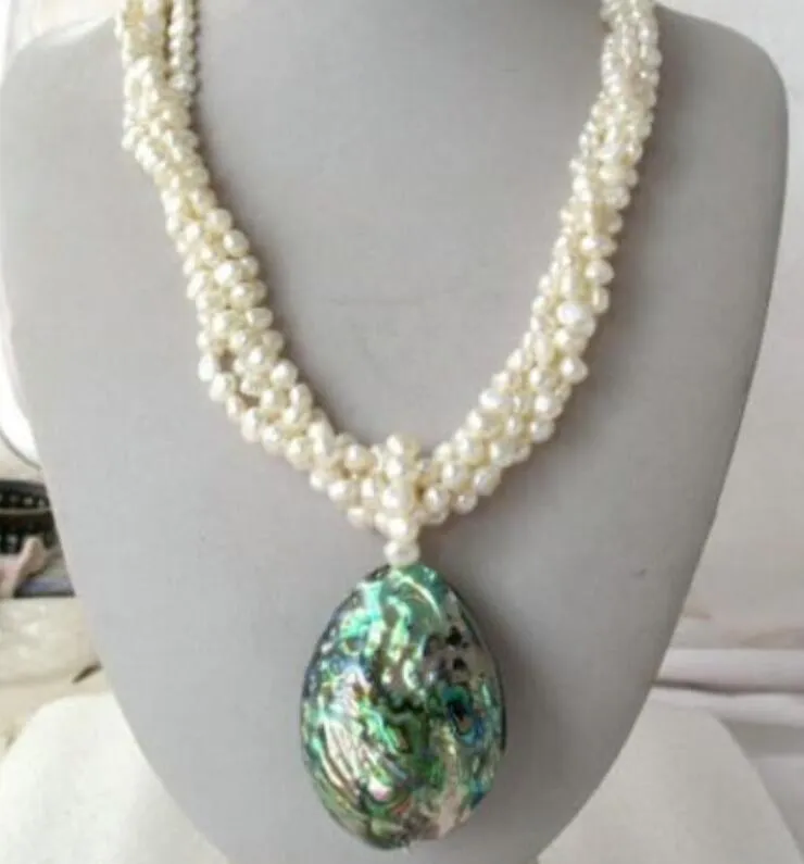 4 Row Freshwater White Pearl Barock Halsband Abalone Pendant 20 "