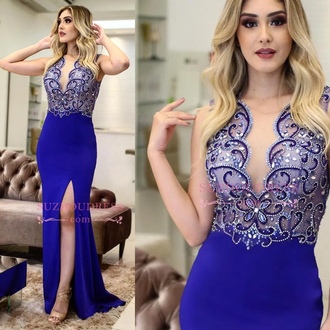Luxury Beaded Royal Blue Evening Dresses Sexy Side Slit Sweep Train Sheath Mermaid Lycra Prom Party Gown Formal Occasion Wear BC0281