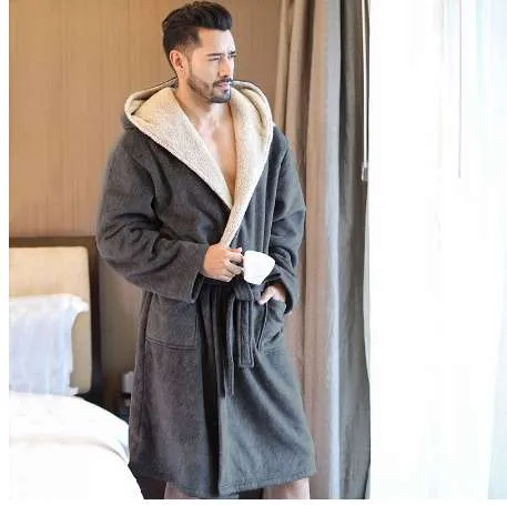 Hooded Robes For Men, Warm Coral Velvet Mens Long Bathrobe