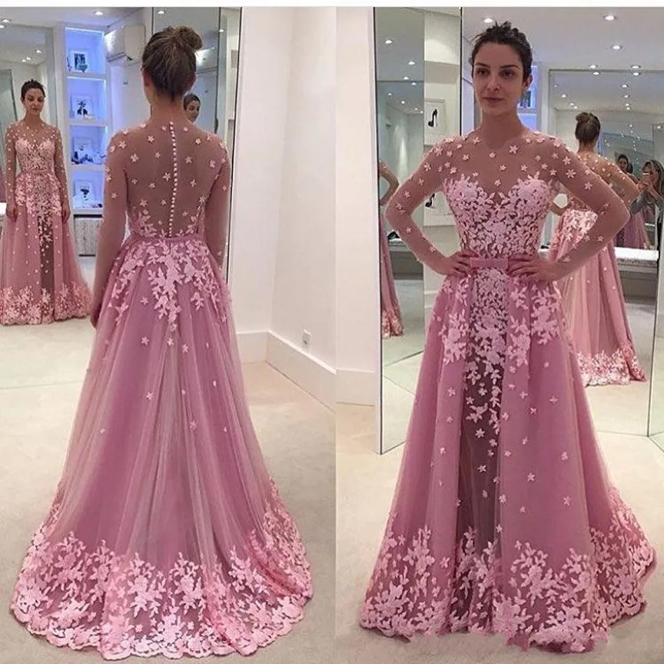 Roze vintage kant overskirt avondjurken 2020 een lijn illusie lange mouwen zuhair murad plus size Afrikaanse Arabische formele prom feestjurken