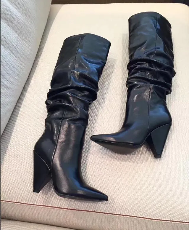 2018 nouvelles femmes bottes à talons aiguilles bottes hautes bout pointu chaussons en cuir noir bottes à talons hauts dames chaussures de soirée