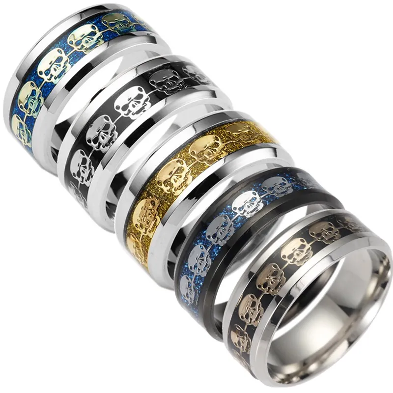 Anillos de moda para hombre, regalo, joyería para hombre, nunca se decolora, anillo de calavera de acero inoxidable, relleno de oro, patrón de esqueleto negro azul, motorista para hombre