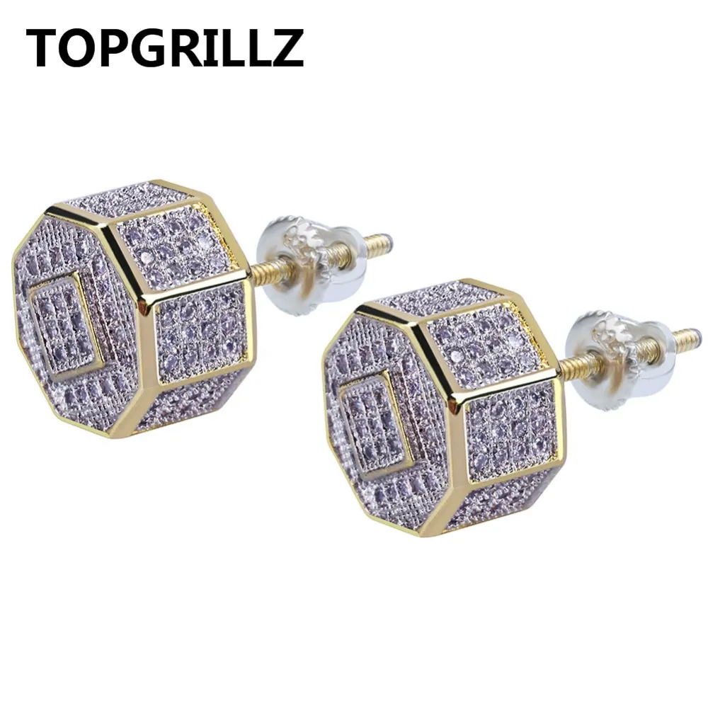 TOPGRILLZ Hip Hop Gold Color Iced Out Cubic Zircon Geometric Stud Earrings Men Women Trend Jewelry Gifts With Screw Back Buckle