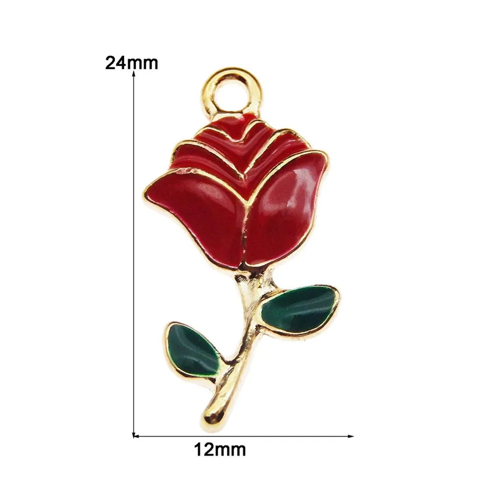 Wholesale Gold Color Enamel Red Alloy Grace Rose Look Charms Handmade Pendant DIY Fashion Necklace Jewelry Findings