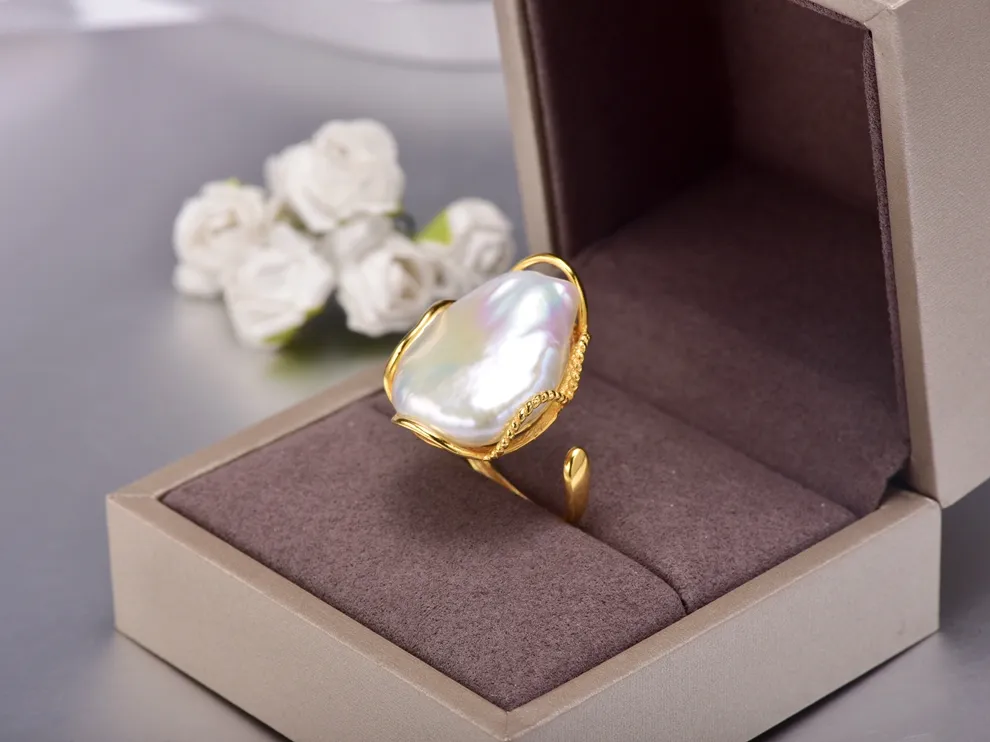 925 Silver Ring 20-28mm Big Size Baroque Irregular Pearl Ring