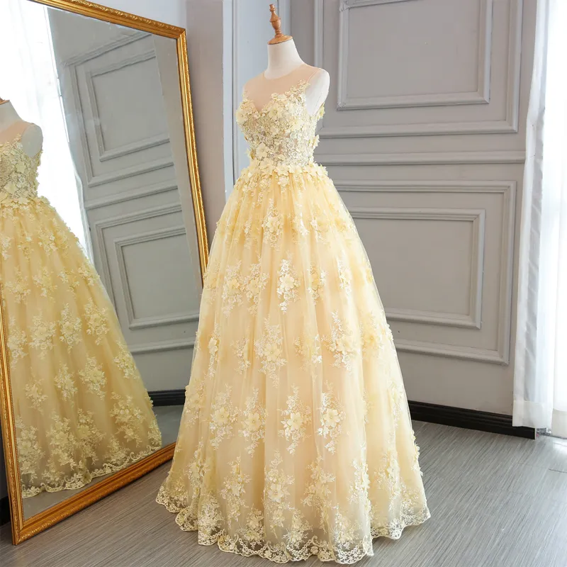 Jaune robe de bal longues Robes de bal 2020 chérie élégant Floral Fleurs 3D dentelle soir étage Longueur Robes de soirée robe de fiançailles Robes