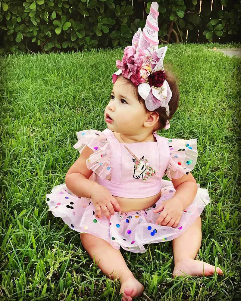 Summer Baby Girl Clothes Cute Infant Girls Outfits Unicorn Rainbow Dot Printing Crop Top Tutu Shorts kjol 2st Småbarn Girls CL3009029