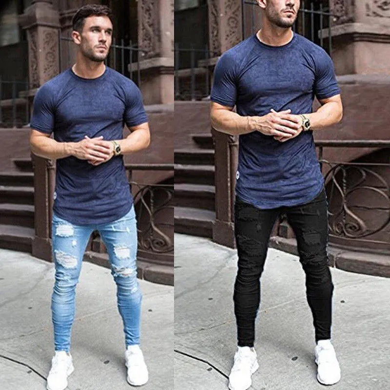 Jeans finos de verão, roupas masculinas rasgadas de moda preta azul jeans roupas de calça longa