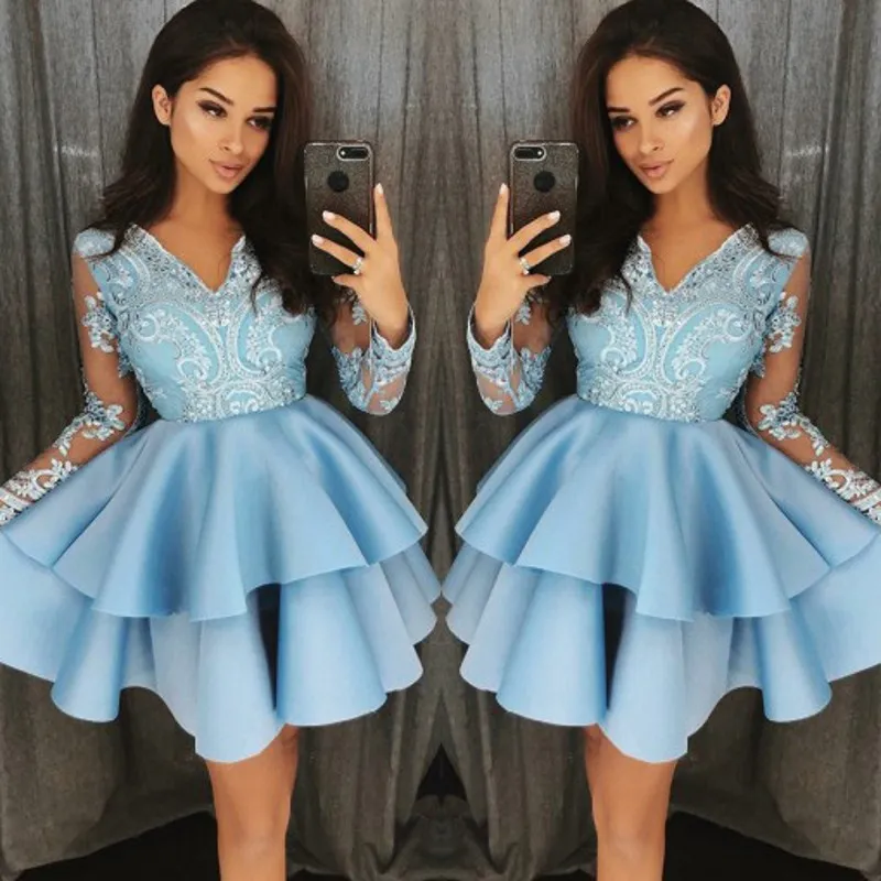 Tiered A-Line Homecoming Dresses Light Blue V-Neck Satin Above Knee 2018 Prom Dress Long Sleeves Lace Appliques Short Cocktail Dresses