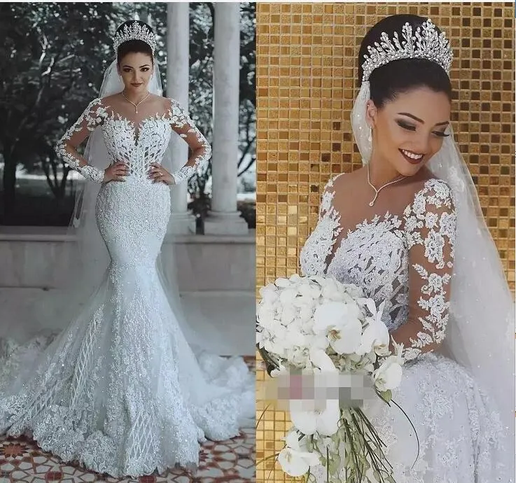 2018 Vintage Lüks Mermaid Gelinlik Uzun Kollu Bling Uzun Tren Vestito Da Sposa Gelinlik Gelin Gwons 3D Çiçekler Kollu