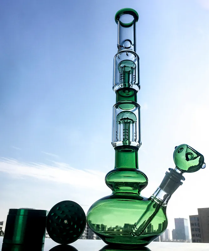 Green Blue Hookahs Tall Bong Waterpipe With Double Layer Tree Perc Straight Tube Glass Bongs Smoking Water Pipes With 18mm Bowl Piece GB1218