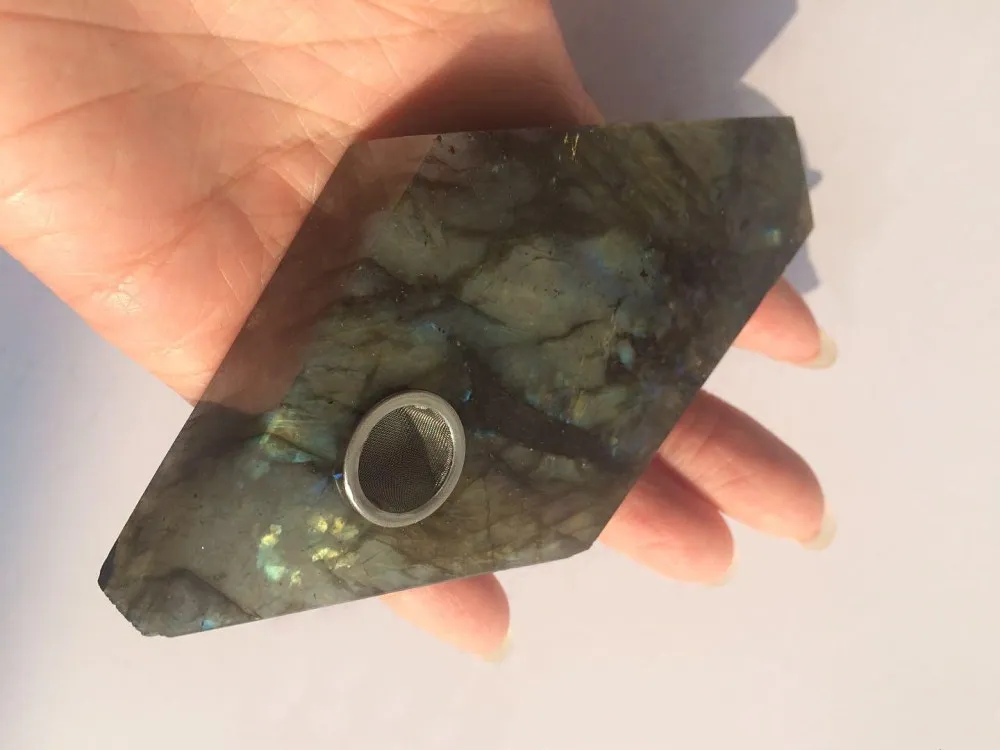 Naturlig Quartz Nice Flash Labradorite Crystal Rökning Pipe Pentagonal Strainer Quartz Stone Tobacco Pipe Healing Rhomboid Point