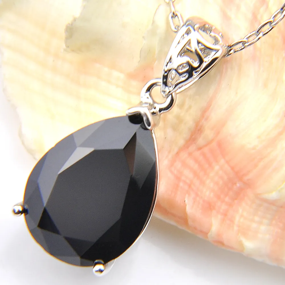 Luckyshine Classic Sparking Fire Water Drop Black Onyx Cubic Zirconia Gemstone Silver Pendants Necklaces for Holiday Wedding Party