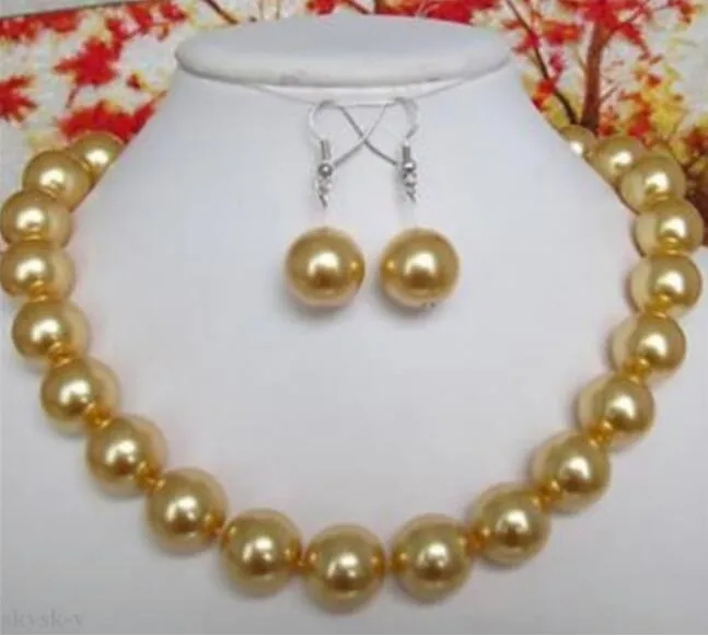 10mm Natural Yellow Round South Sea Shell Pearl Necklace 18'' Earrings Set