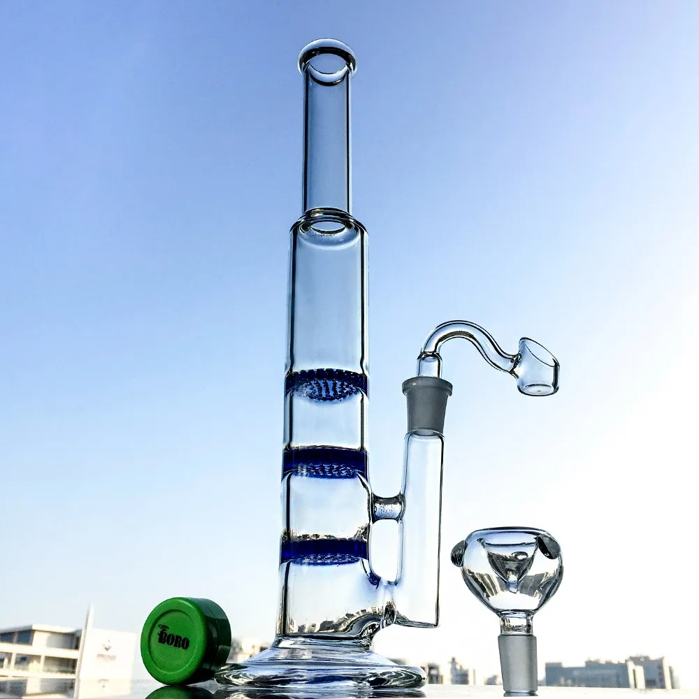 Cheap Straight Tube Smoking Glass Bongs 3 Layers Perc Glass Water Smoking Bong With Bucket UPS Wholesale 10XX2