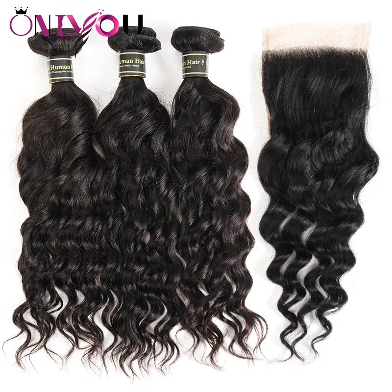 Malaysian Human Hair Weave Closure Water Wave Hair Bundles with Closure Black Color Wet and Wavy Natural Wave Hair Extensions Factory Deal