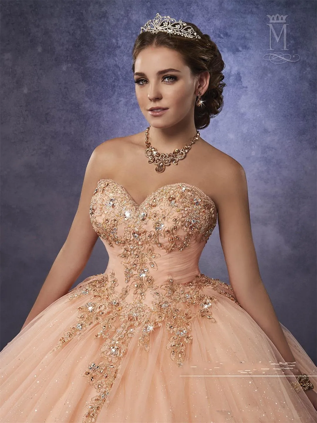 Sparkling Mary's Peach Quinceanera Dresses with Detachable Straps Waist Tulle Sweet 16 Dress Lace Up Back Prom Gowns272x