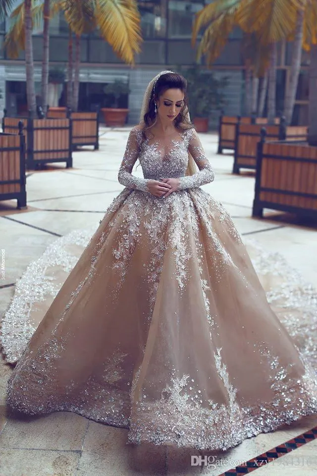 Amzaing Rhinestone Saudi Arabic Wedding Gown Detachable Train Luxury Beaded Long Sleeve Mermaid Wedding Dress Gorgeous Dubai Wedding Dresses