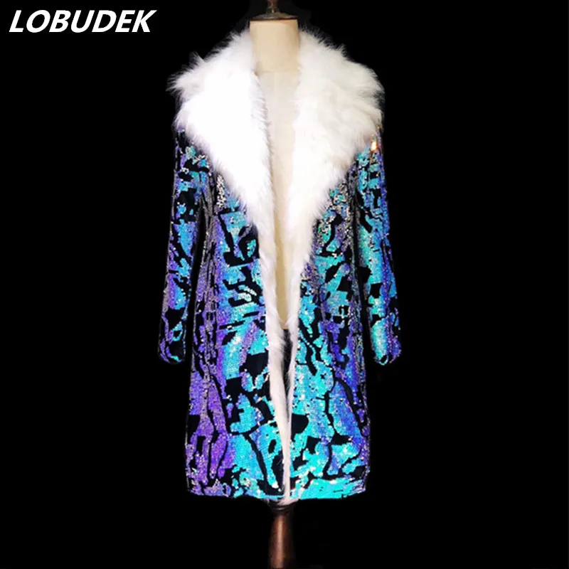 White Faux Fur Collar Blue Sequins Long Coat Tide Male High Quality Luxury Stage Costume Male Star Singer Overcoat Nightclub Outerwear Performance Clothes M-2XL